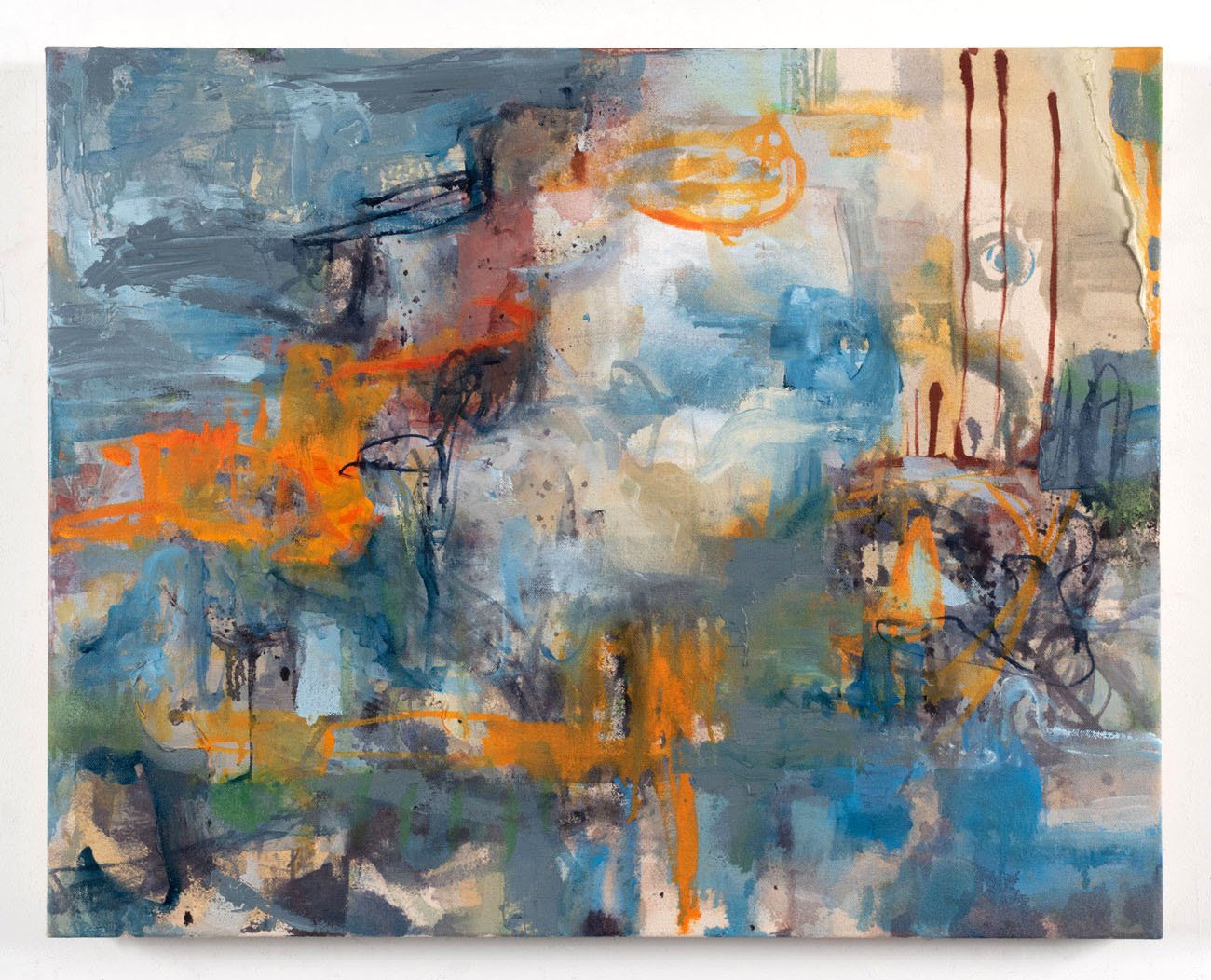 A gestural abstract expressionist oil painting on canvas in various shades of blue and orange