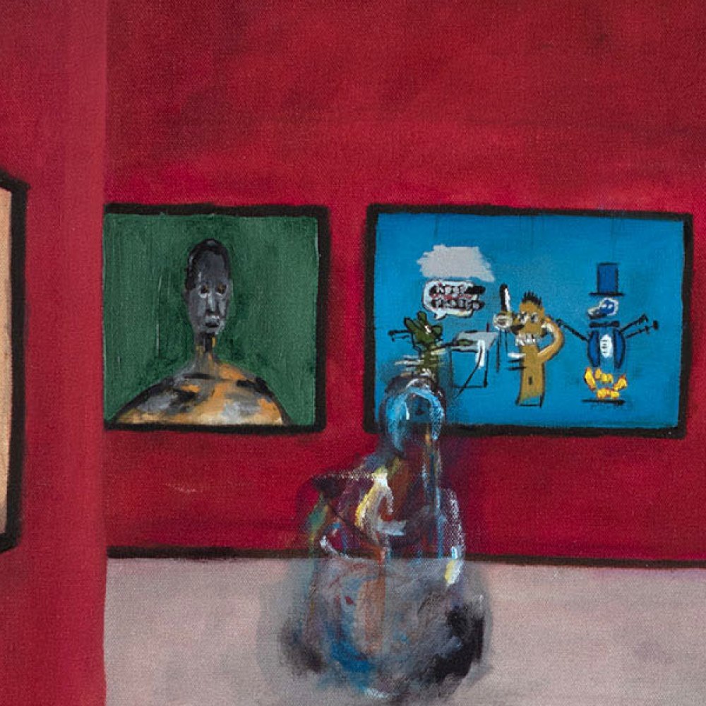 An oil painting on canvas with esoteric abstract blob shapes observing some of my favorite works in an imaginary gallery