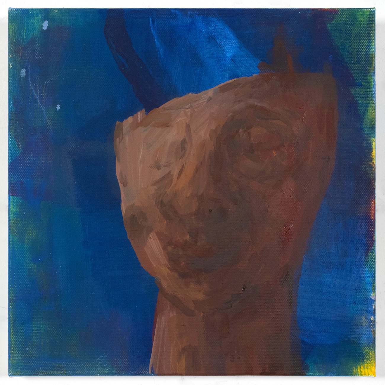 An abstracted oil and oil stick portrait painting on canvas of a mask-like face