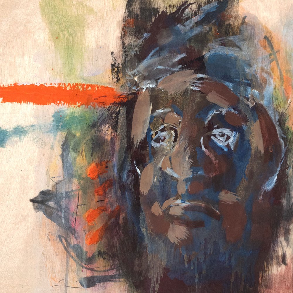 An abstract and figurative acrylic, ink, oil, oil stick, and pen, painting on wood panel depicting a figure of high status