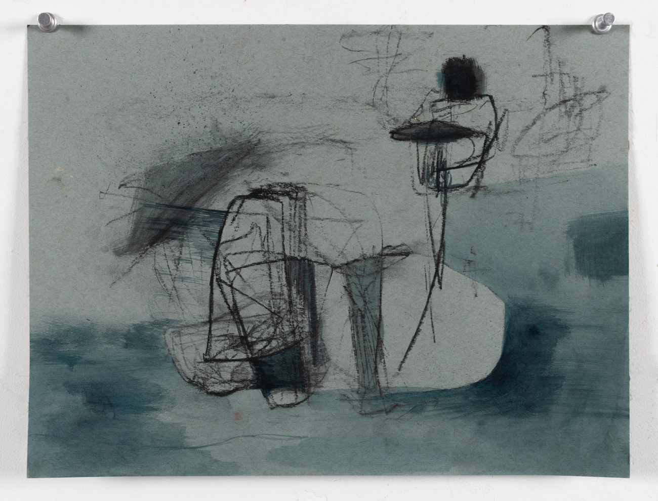 An abstract charcoal and ink drawing on paper depicting thingies gliding across water in Philadelphia, PA.