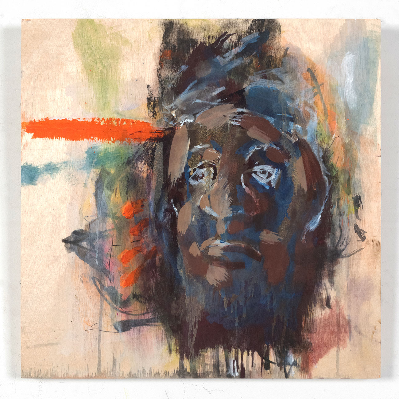 An abstract and figurative acrylic, ink, oil, oil stick, and pen, painting on wood panel depicting a figure of high status