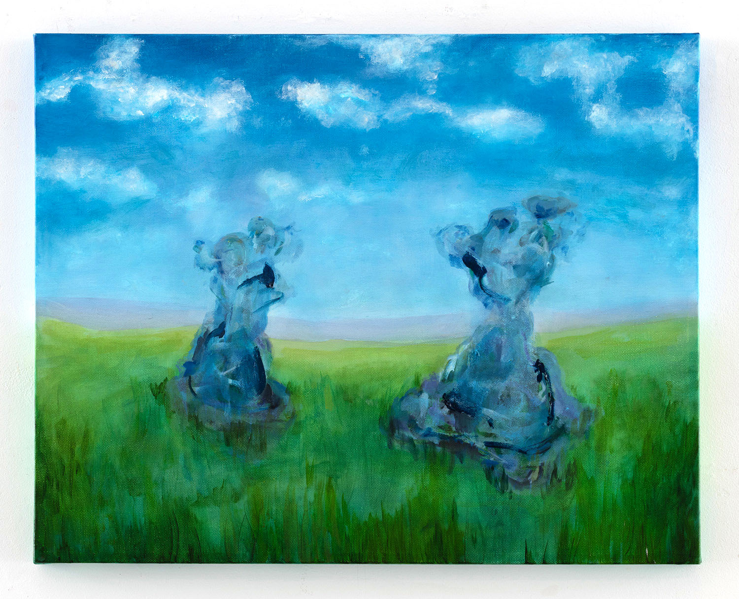 An oil painting on canvas with esoteric abstract blob shapes relaxing outside in the grass