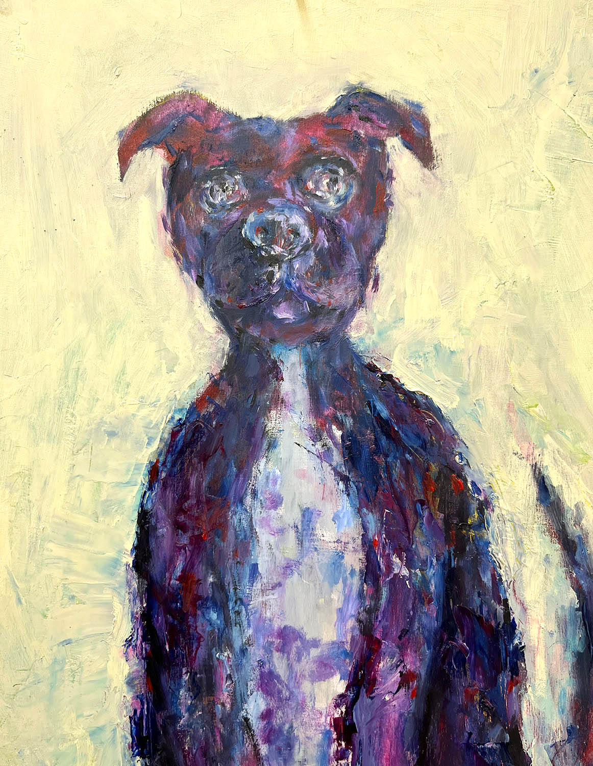 An oil painting on wood panel of my dog who never sits still for a potrait rendered in purple