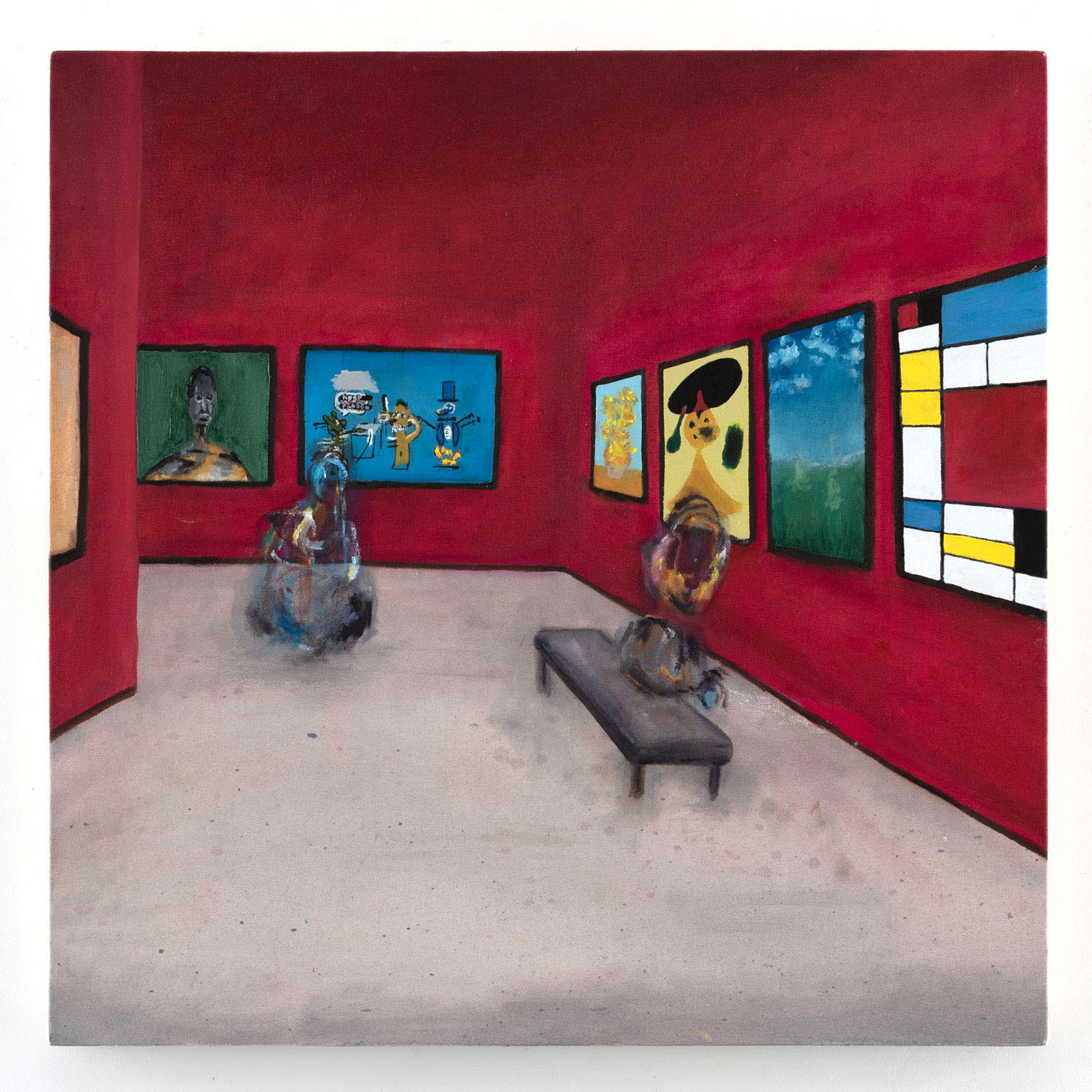 An oil painting on canvas with esoteric abstract blob shapes observing some of my favorite works in an imaginary gallery