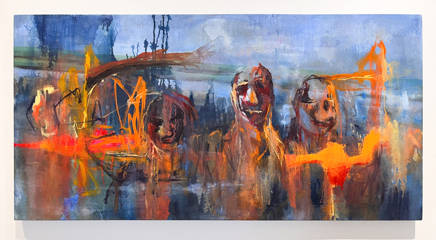 An oil painting on canvas with people evolving from the background