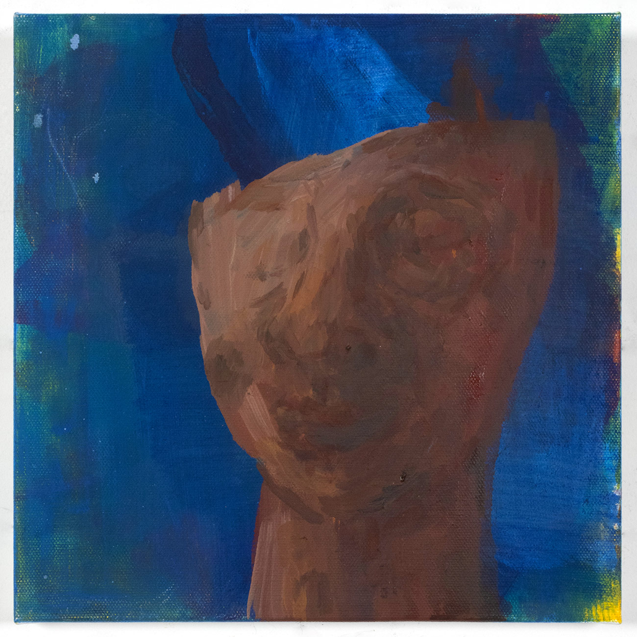 An abstracted oil and oil stick portrait painting on canvas of a mask-like face