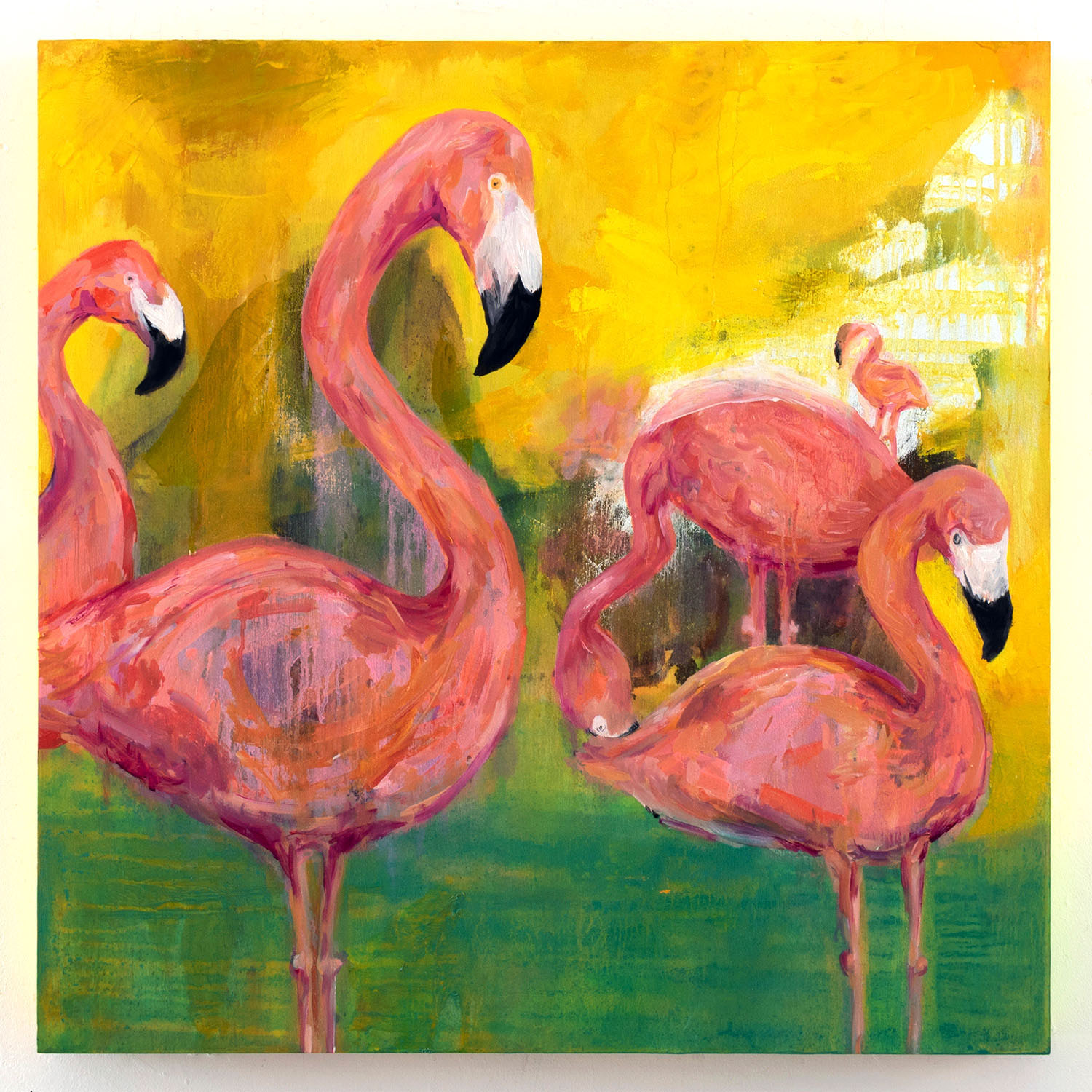 An oil painting on wood panel with several flamingos hanging out together doing what they do