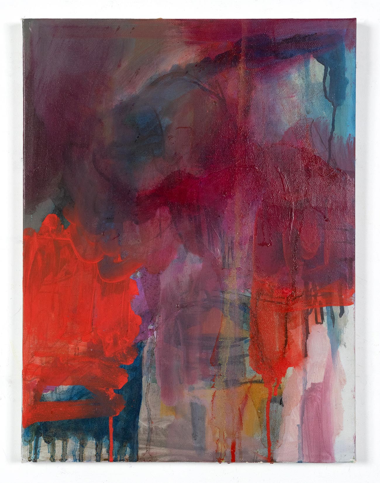 An abstract oil painting on canvas with many layers of color often found in the sky