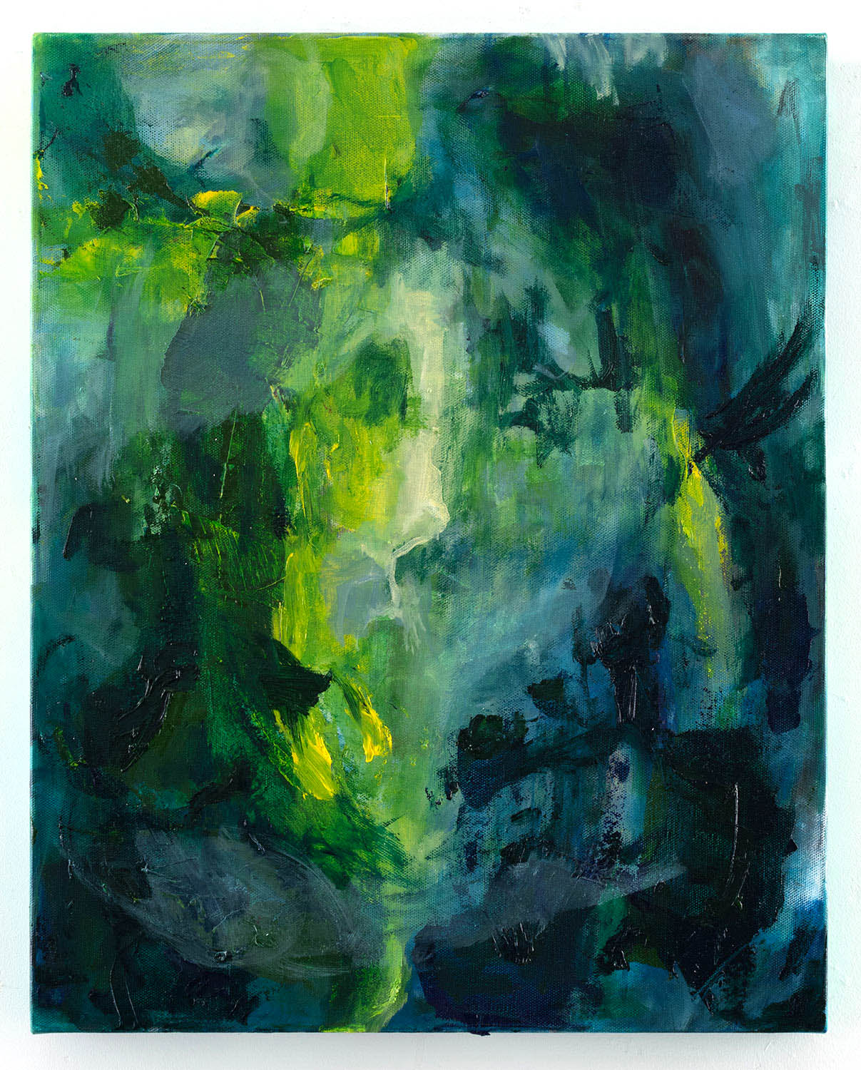 An abstract acrylic and oil painting on canvas in various shades and hues of green