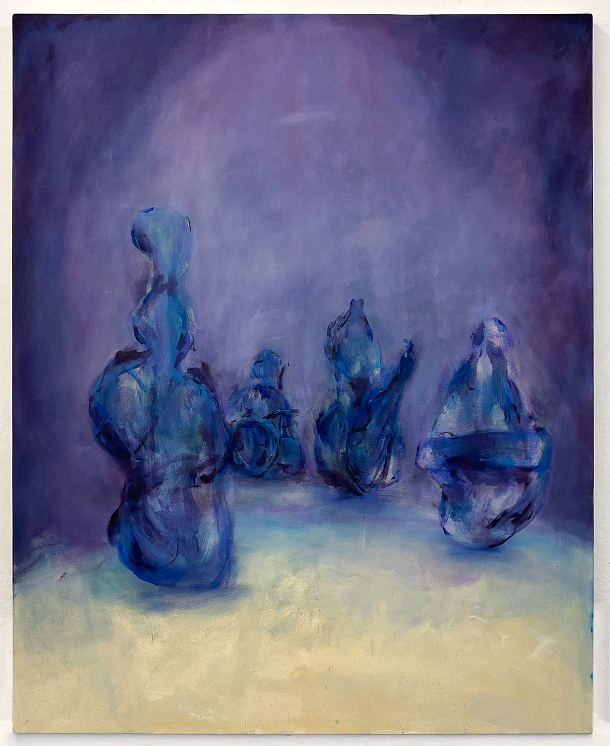 An oil painting on canvas with an abstracted jazz band playing music in an imaginary club