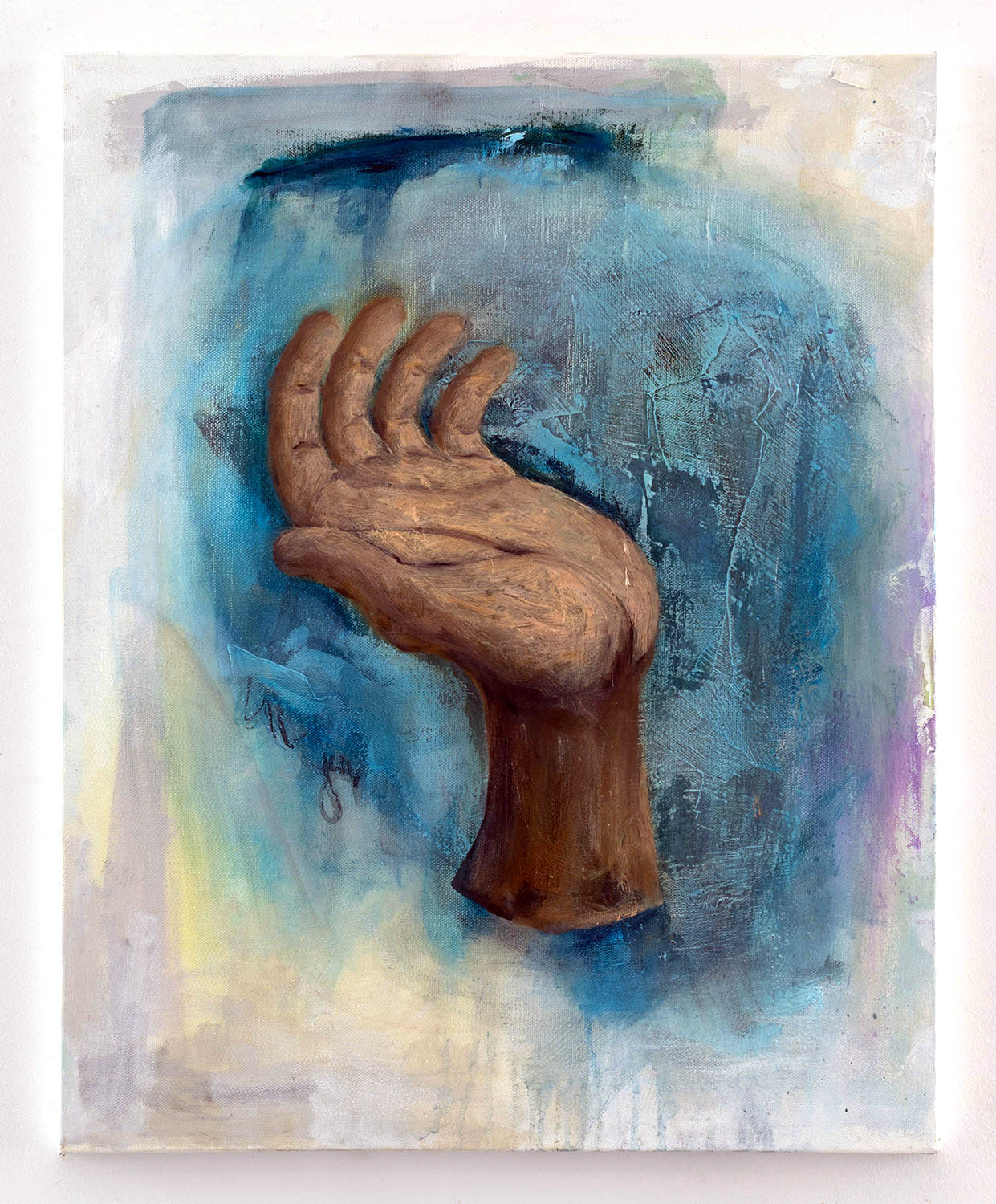 An acrylic and oil painting on canvas of a hand floating in space