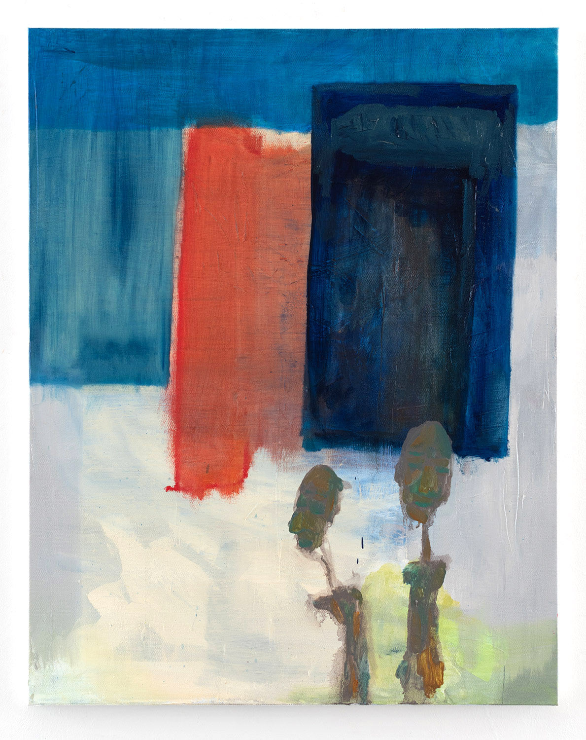 An acrylic, oil, and oil stick painting on canvas with sculptural figures dancing to the jazz in the background