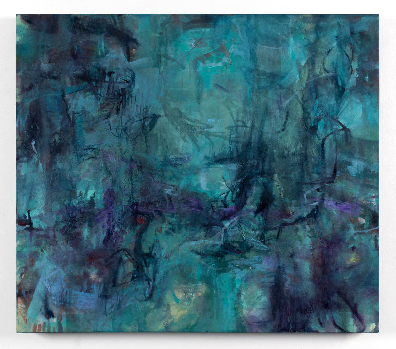 An abstract oil painting on canvas in various shades of cerulean blue
