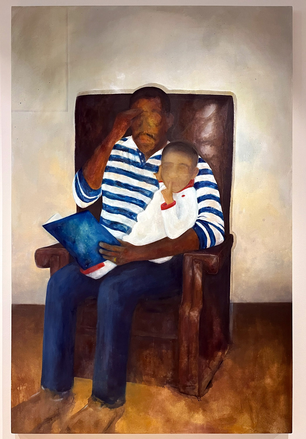 A figurative oil painting on canvas of a father teaching his son to read