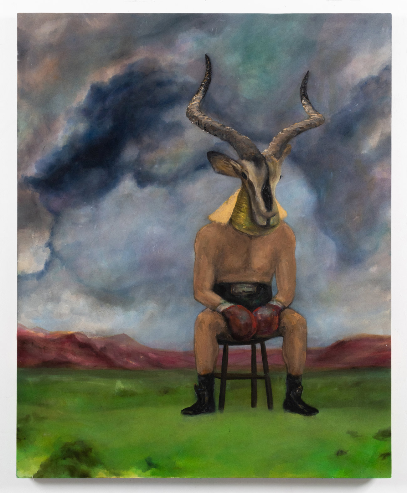 A surrealist figurative oil painting on canvas of a humanoid gazelle hybrid taking a break from its fight for survival