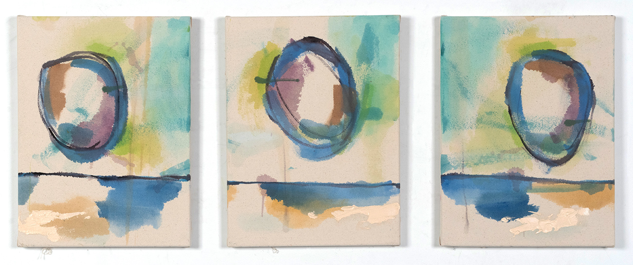 A series of three abstract oil paintings on canvas depicting changes over time