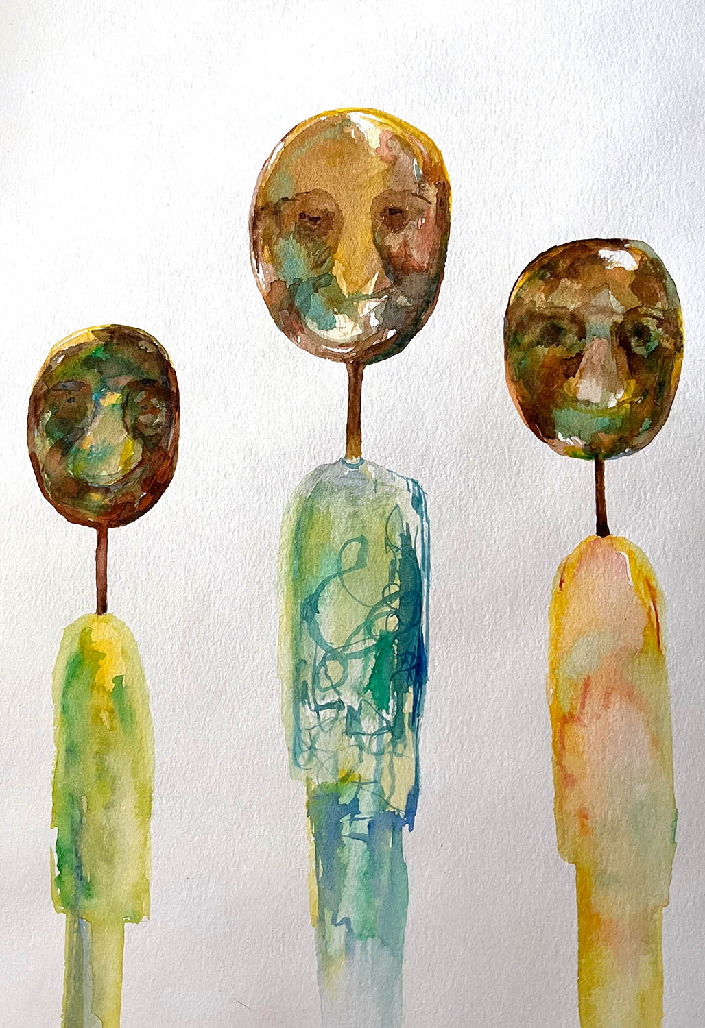 A watercolor painting on paper with people standing tall togther