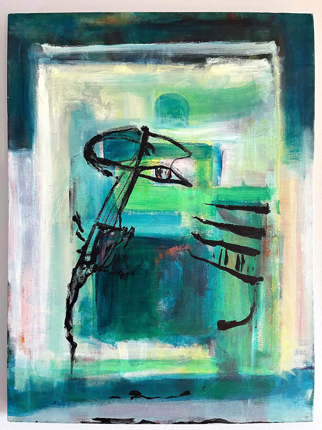 An abstract acrylic painting on canvas depicting the symbology of Ancient Egyptian artifacts