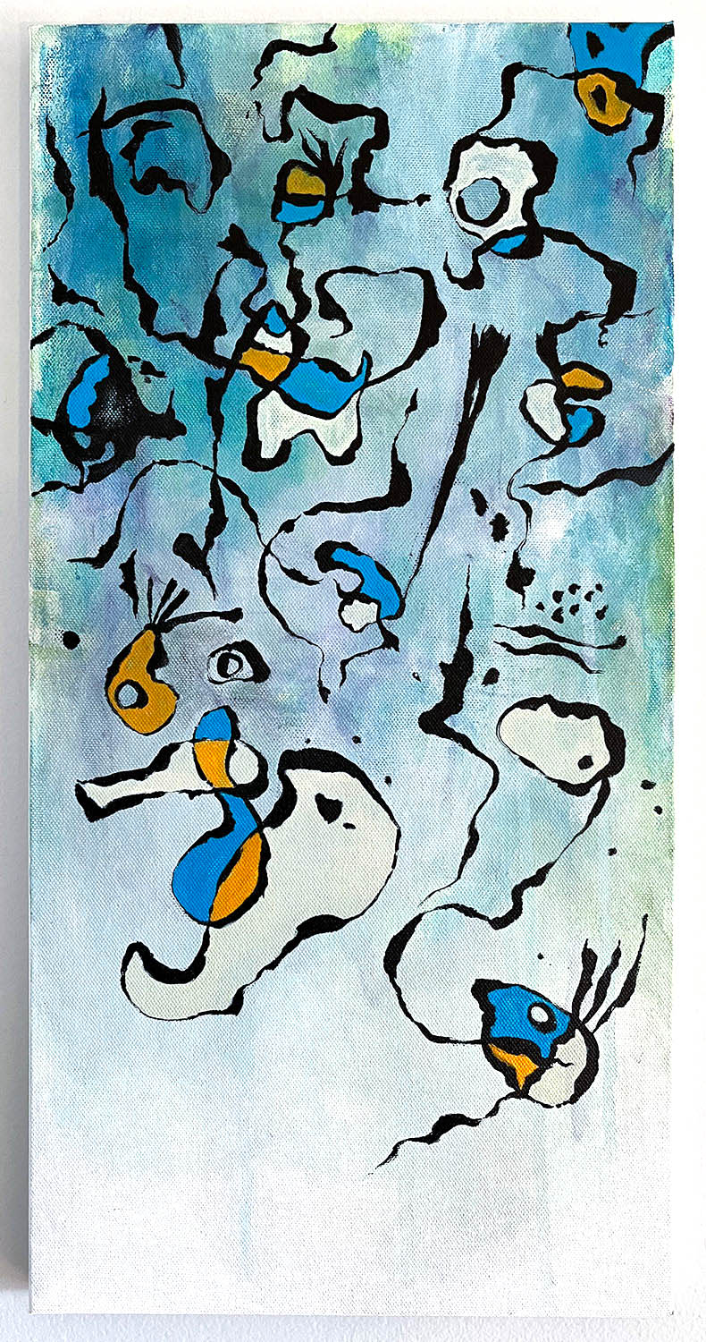 An oil painting on canvas with lines, shapes, and gestures inspired by surrealism